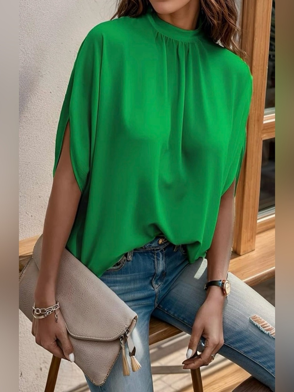 Green Women's Blouse - Elegant High-Low Hem
